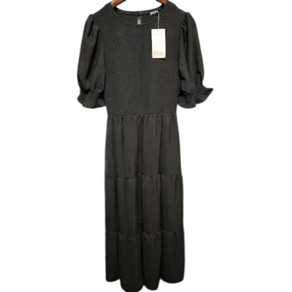 Black Smocked Tiered Maxi Dress Puff Sleeve Womens Dress - Picture 1 of 3